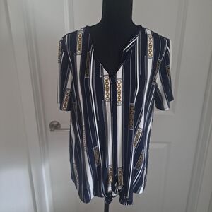 Ann Taylor Navy and White Geometric Blouse